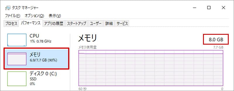 タスクマネージャーでメモリーの確認